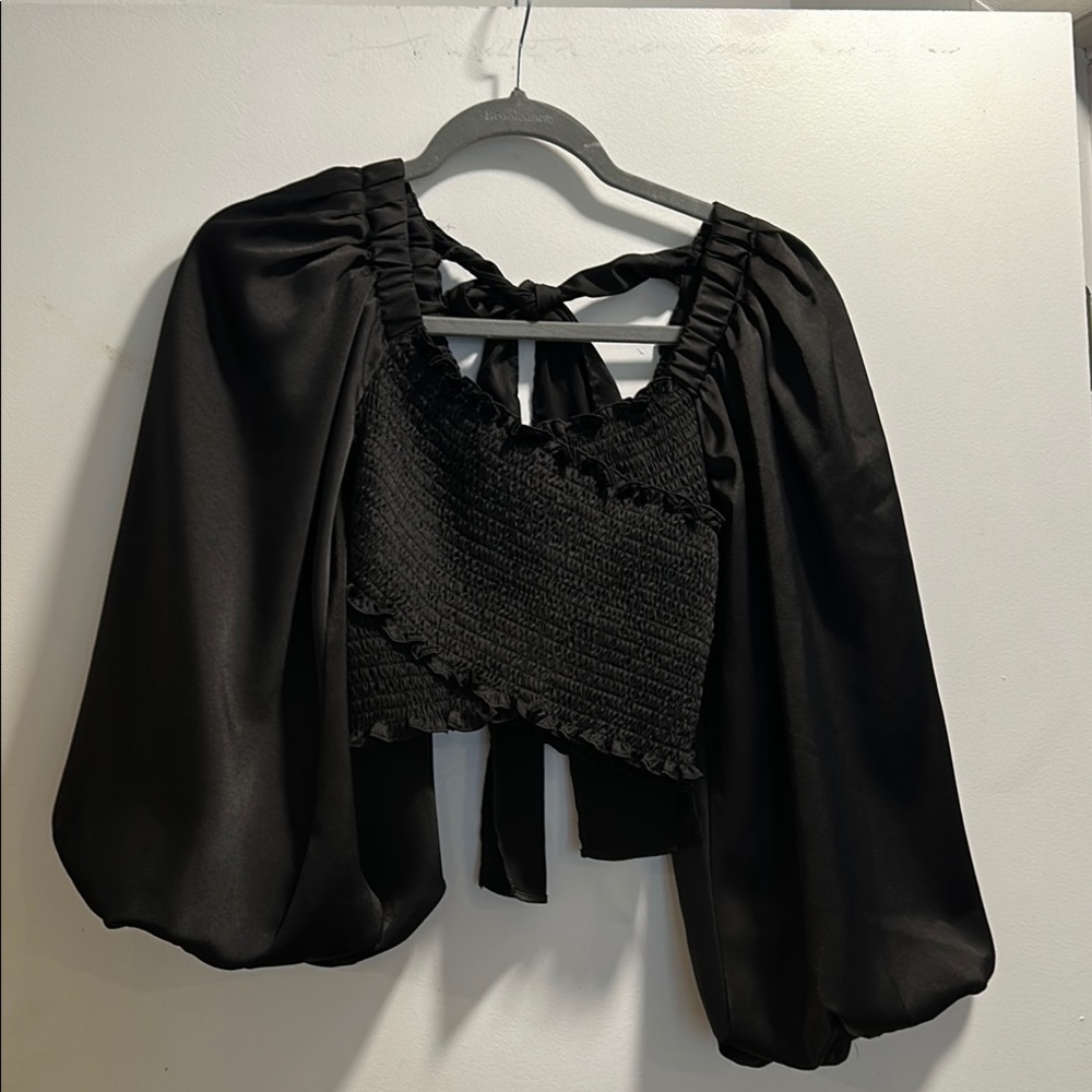Moonflower Black Smocked Puff Sleeve Blouse with Tie Front